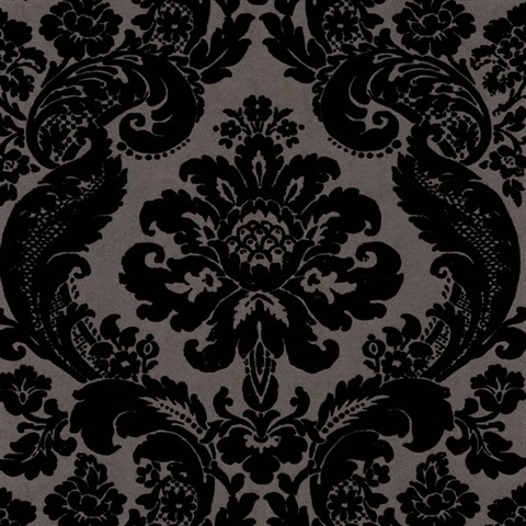 Shadow Black Flocked Damask Wallpaper