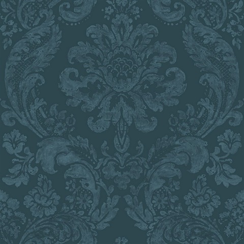 Shadow Blue Damask Wallpaper