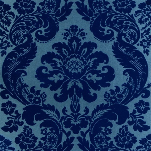 Shadow Blue Flocked Damask Wallpaper