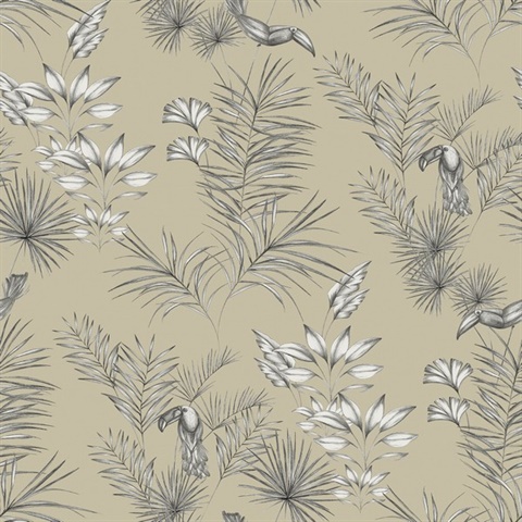 Shelly  Grey Small Toucan Bird Toile Wallpaper