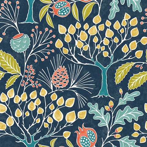 Shiloh Navy Retro Botanical Wallpaper