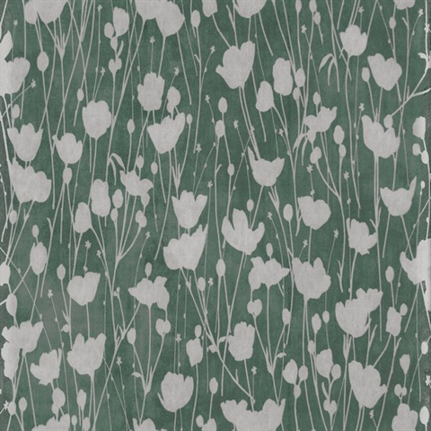 Shimmering Poppies Green & Silver Floral Wallpaper