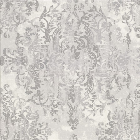 Shirley Grey Distressed Damask Wallpaper