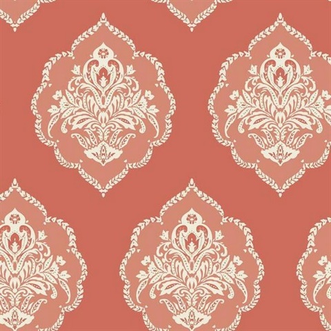 Signet Medallion Coral Damask Wallpaper