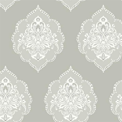 Signet Medallion Grey Damask Wallpaper