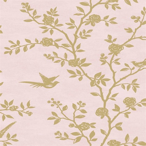 Silhouette Floral & Bird Pink Wallpaper