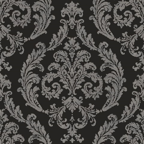 Black & Silver Silk Damask Wallpaper