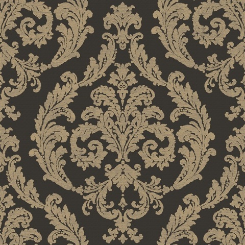 Black & Dark Taupe Silk Damask Wallpaper