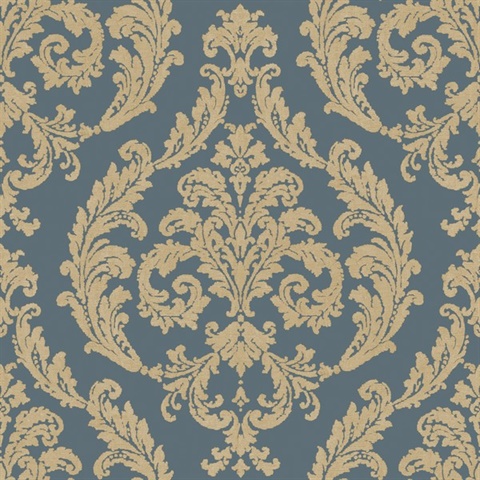 Dark Blue &amp; Gold Silk Damask Wallpaper