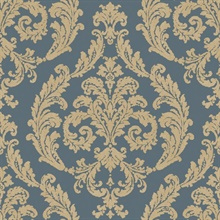 Dark Blue &amp; Gold Silk Damask Wallpaper