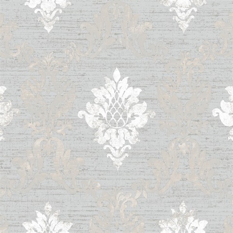 Silver Silk Damask Textured Wallpaper