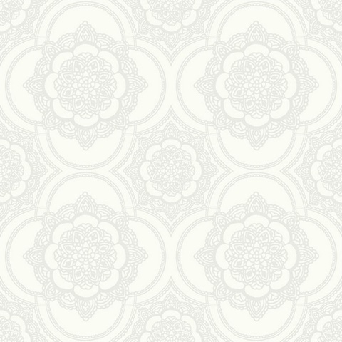 Silver & White Commercial Lace Doily Medallion Wallpaper