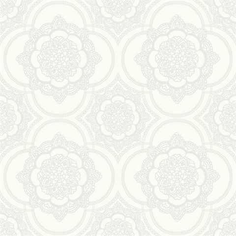 Silver & White Commercial Lace Doily Medallion Wallpaper