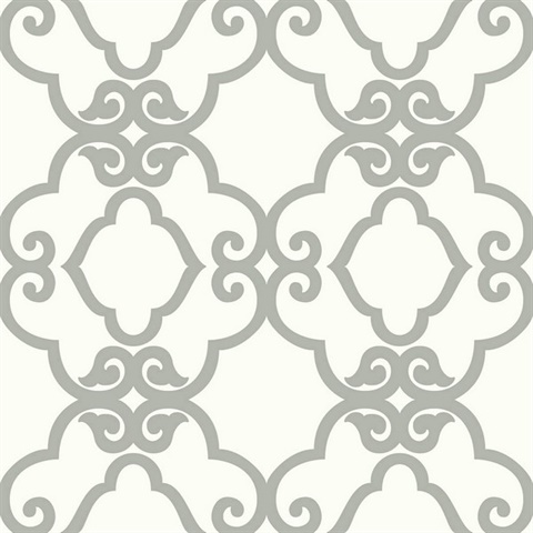 Silver & White Commercial Scroll Trellis Wallpaper