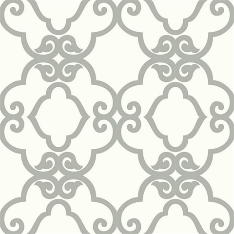 Silver & White Commercial Scroll Trellis Wallpaper
