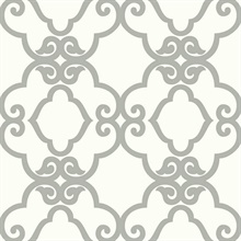 Silver & White Commercial Scroll Trellis Wallpaper