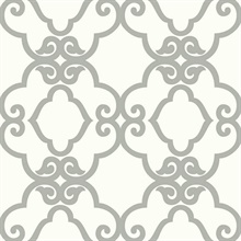 Silver & White Commercial Scroll Trellis Wallpaper