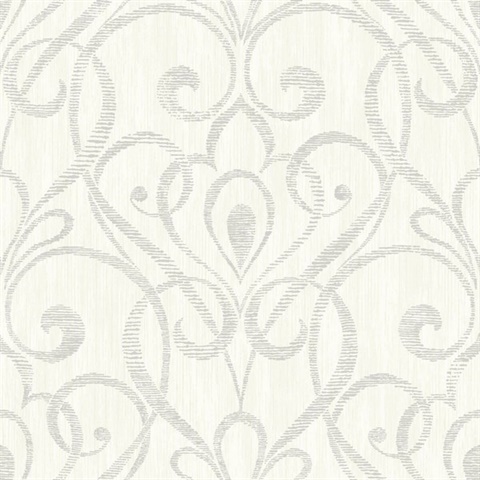 Silver & White Metallic Scroll Wallpaper