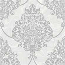 Silver & White Raised Large Textured Damask Wallpaper
