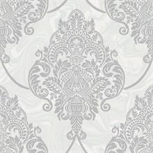 Silver & White Raised Large Textured Damask Wallpaper