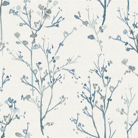 Silverling Blue Budding Branches Wallpaper