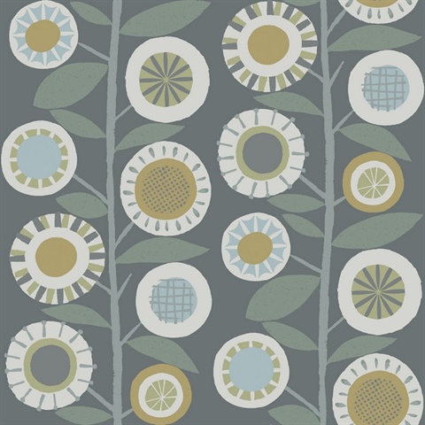 Sisu Grey Large Floral Leaf Geometric Wallpaper