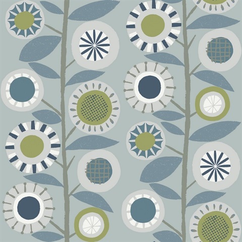 Sisu Light Blue Large Floral Leaf Geometric Wallpaper