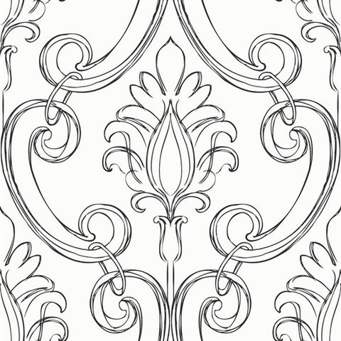 Sketched Damask Damask Ebony Peel and Stick Wallpaper