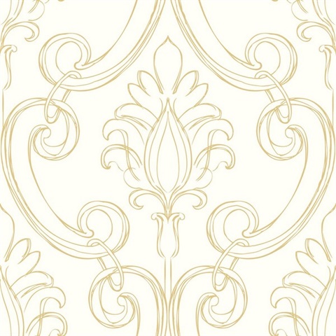 Sketched Damask Damask Metallic Gold Peel and Stick Wallpaper