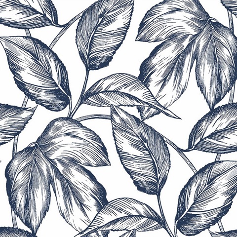 Sketched Leaves Botanical Navy Blue Peel and Stick Wallpaper