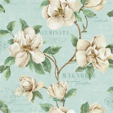 Sky blue, Brown, Cream & Green Commercial Magnolia Lane Wallpaper