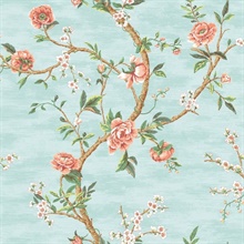 Sky Blue, Brown, Green & Orange Commercial Peony Wallpaper