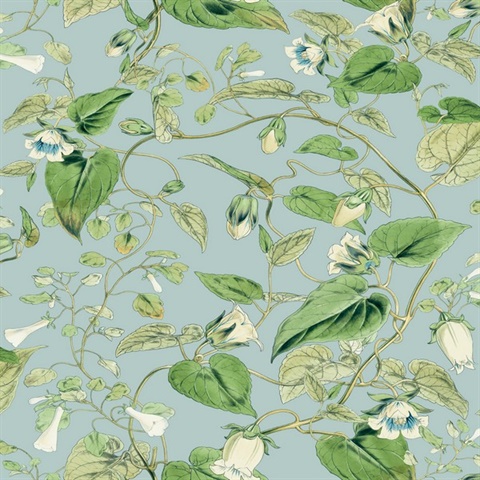 Sky Blue Drawn Moon Flower & Leaf Wallpaper