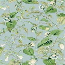 Sky Blue Drawn Moon Flower &amp; Leaf Wallpaper