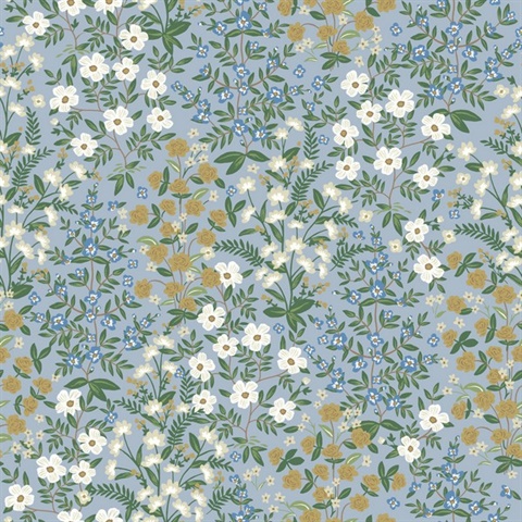 Sky Blue & Green Wildwood Garden Floral Wallpaper