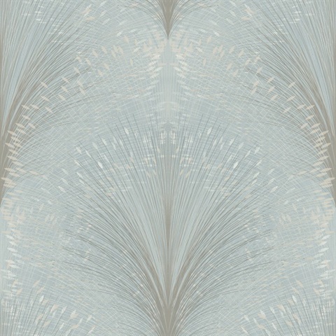 Sky Blue Papyrus Plume Metallic Textured Leaf Damask Wallpaper