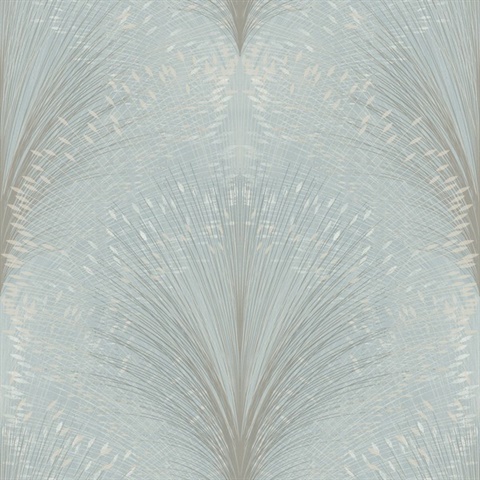 Sky Blue Papyrus Plume Metallic Textured Leaf Damask Wallpaper