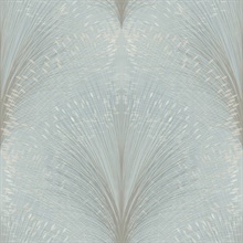 Sky Blue Papyrus Plume Metallic Textured Leaf Damask Wallpaper