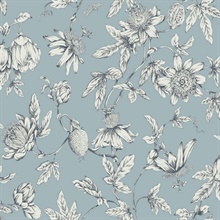 Sky Blue Passion Flower Toile Wallpaper