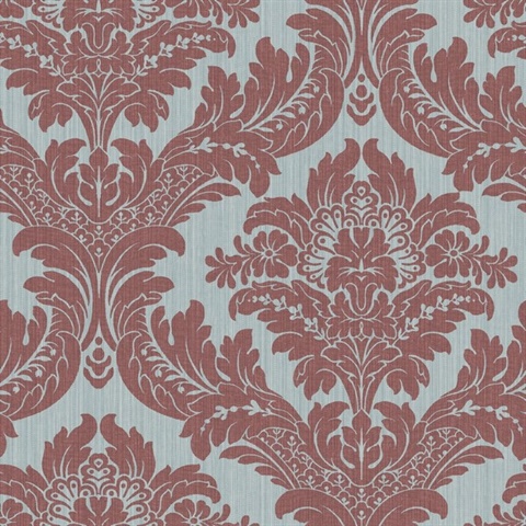 Sky Blue & Red Large Print Damask Wallpaper