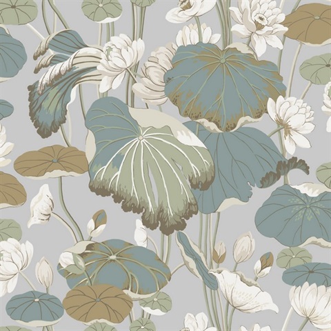 Sky Blue & Teal Lotus Pond Mushroom Floral Wallpaper