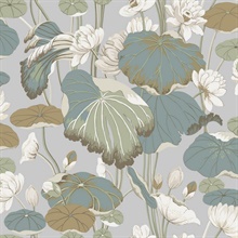 Sky Blue & Teal Lotus Pond Mushroom Floral Wallpaper