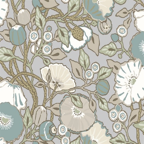 Sky Blue & Teal Vincent Poppies Floral Wallpaper