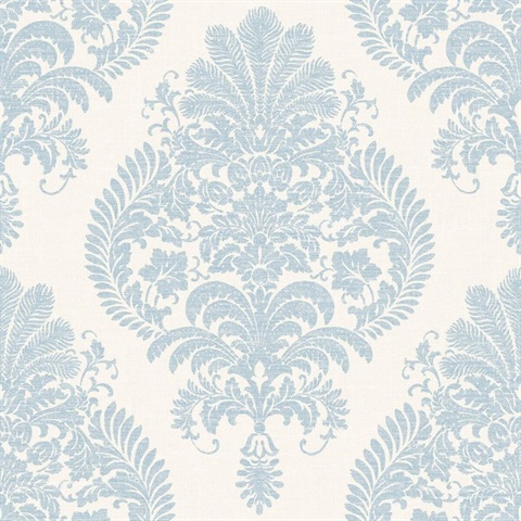 Sky Blue & White Antigua Faded Damask Wallpaper