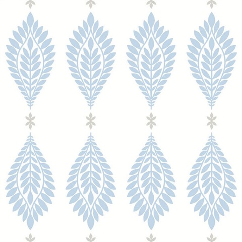 Sky Blue, White & Grey Mirasol Palm Frond Medallion Wallpaper