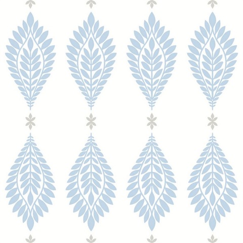 Sky Blue, White & Grey Mirasol Palm Frond Medallion Wallpaper