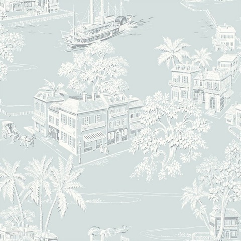 Sky Blue & White Old Colonial Charleston Town Toile Wallpaper