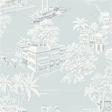 Sky Blue & White Old Colonial Charleston Town Toile Wallpaper