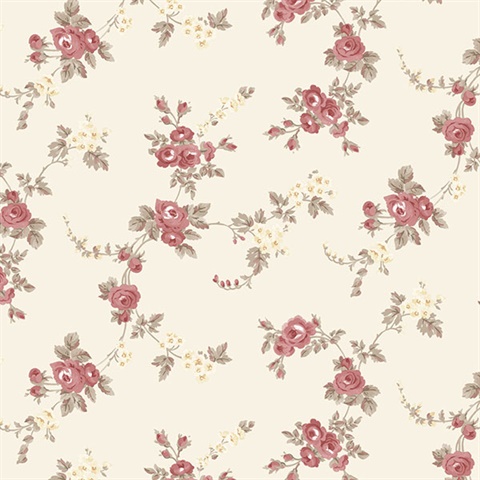 Small Rose Vines Red, Taupe & Cream Wallpaper