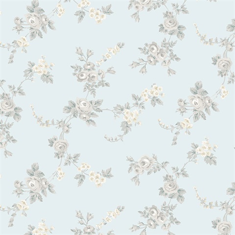 Small Rose Vines Turquoise & Grey Wallpaper